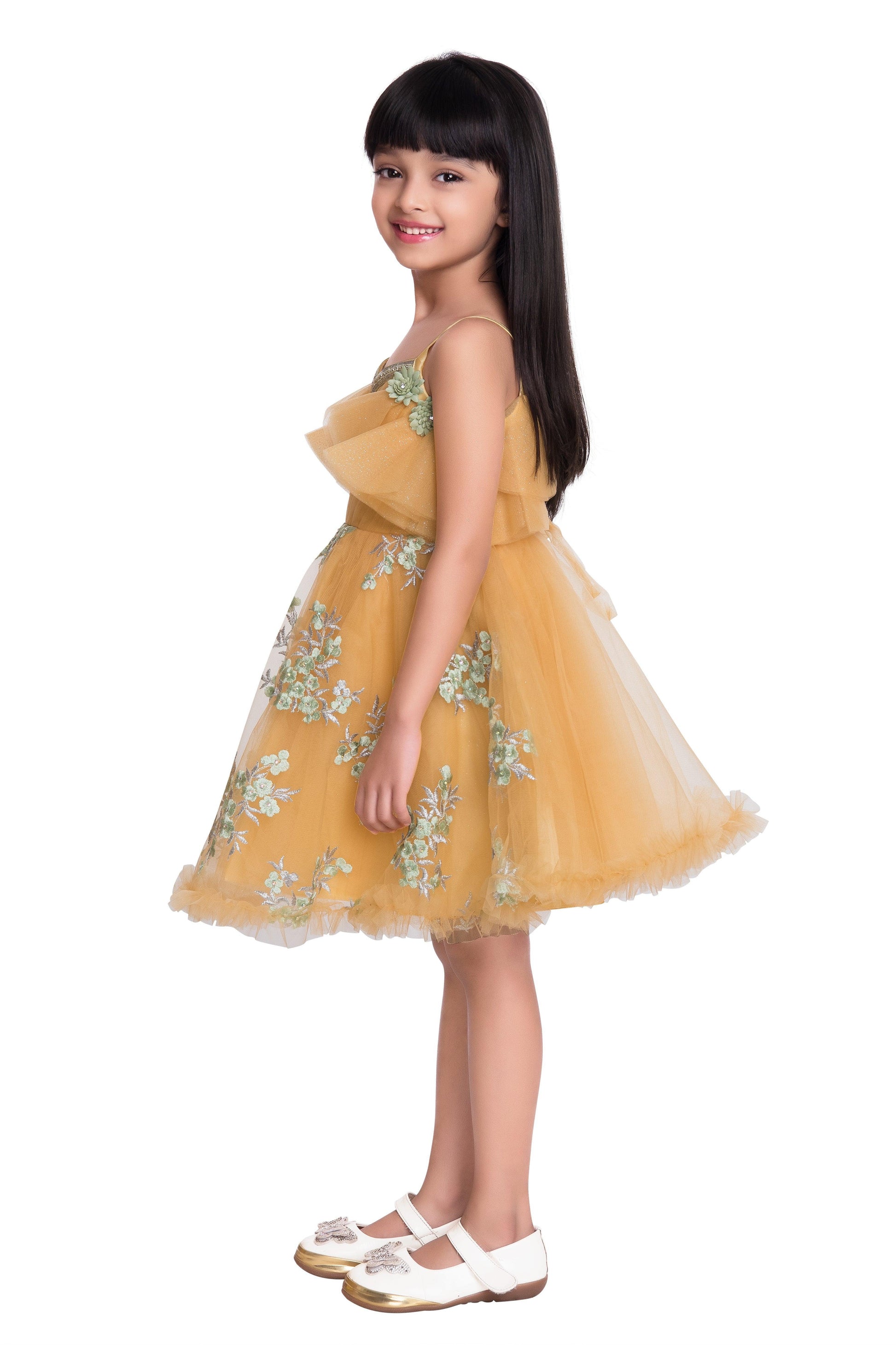 Lemon & Green Floral Embroidered Imported Net Party Wear Frock For Girls - Betty Ethnic India - Frock - Betty Girls Wear Online