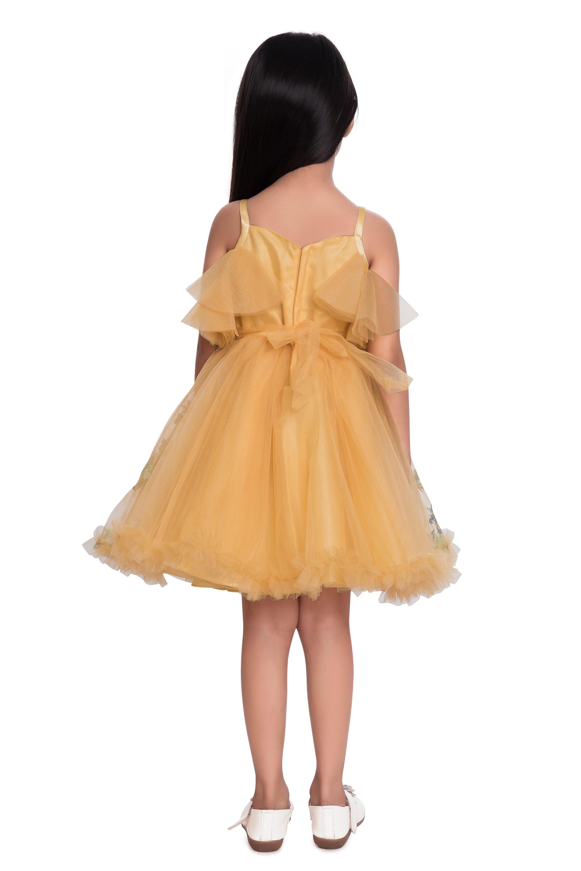 Lemon & Green Floral Embroidered Imported Net Party Wear Frock For Girls - Betty Ethnic India - Frock - Betty Girls Wear Online