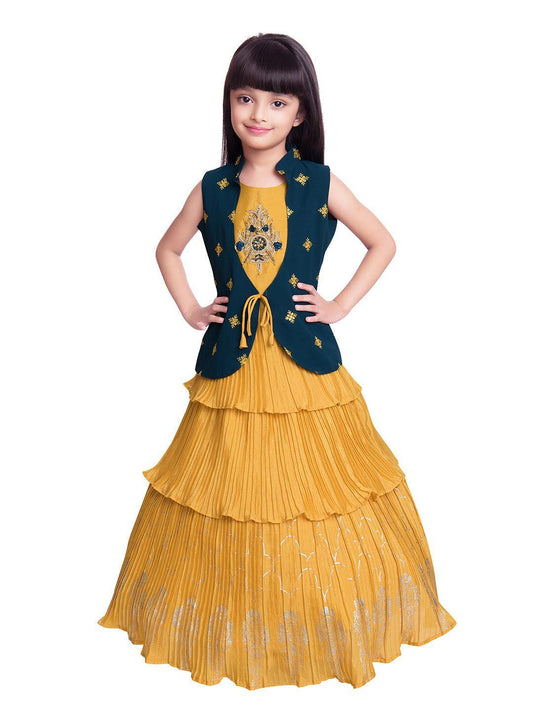 Mustard Coloured Gown And Blue Coloured Jacket Floral Chinon Fit & Flare Gown For Girls - Betty Ethnic India - Gown - Betty Girls Wear Online