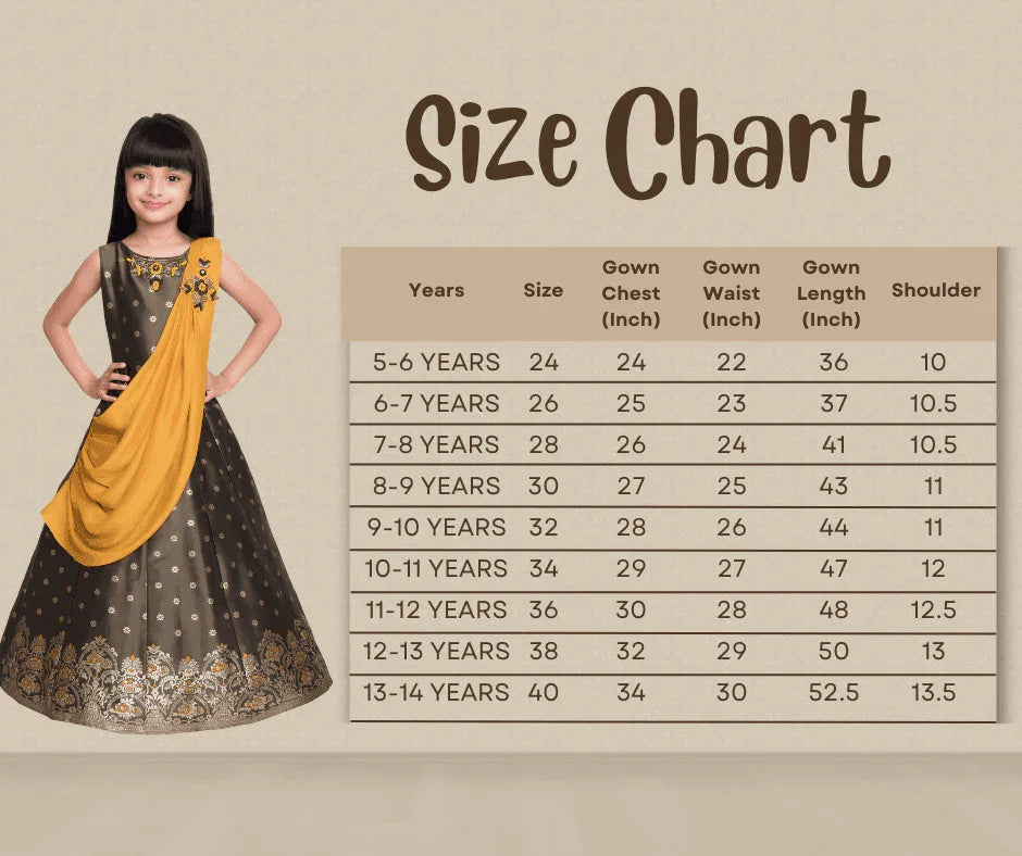Mustard Yellow & Brown Embellished Broket Gown With Dupatta Style Gown For Girls - Betty Ethnic India - Gown - Betty Girls Wear Online