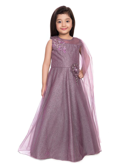 Orchid Coloured Embellished One Sided Sleeve Net Gown For Girls - Betty Ethnic India - Gown - Betty Girls Wear Online