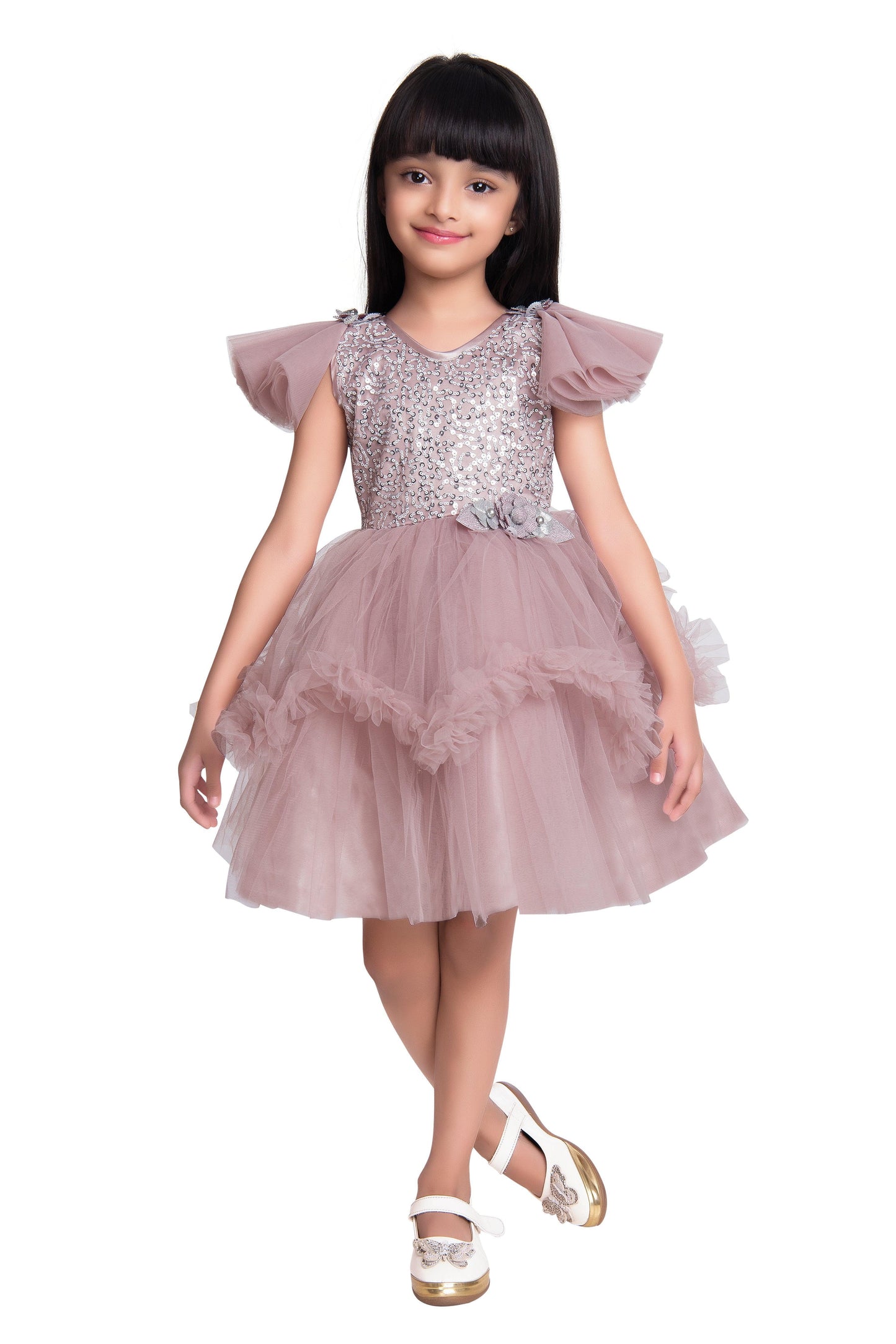 Orchid Coloured Embellished Simple Design Net Party Wear Frock For Girls - Betty Ethnic India - Frock - Betty Girls Wear Online