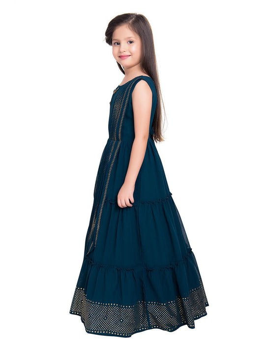 Peacock Blue Embellished Georgette Gown For Girls - Betty Ethnic India - Gown - Betty Girls Wear Online