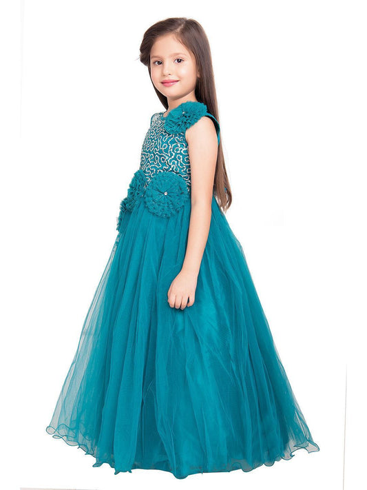 Peacock Blue Embellished Net Gown For Girls - Betty Ethnic India - Gown - Betty Girls Wear Online