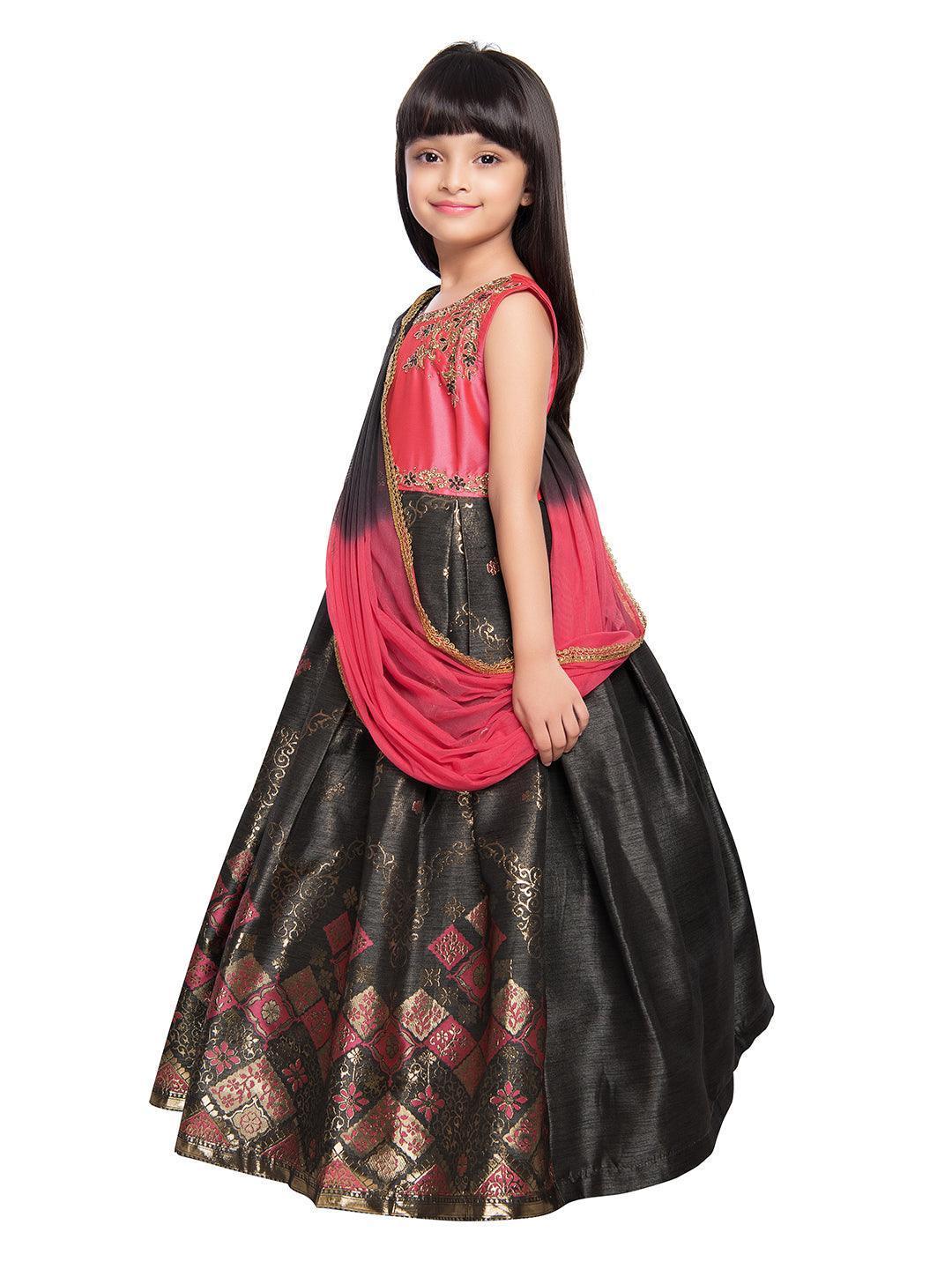 Pink & Gold Coloured Sleeveless Embellished Yoke Party Gown For Girls With Dupatta - Betty Ethnic India - Gown - Betty Girls Wear Online