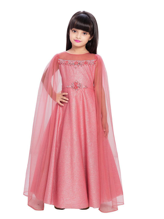 Pink Floral Two Sided Sleeve Design Style Gown For Girls - Betty Ethnic India - Gown - Betty Girls Wear Online