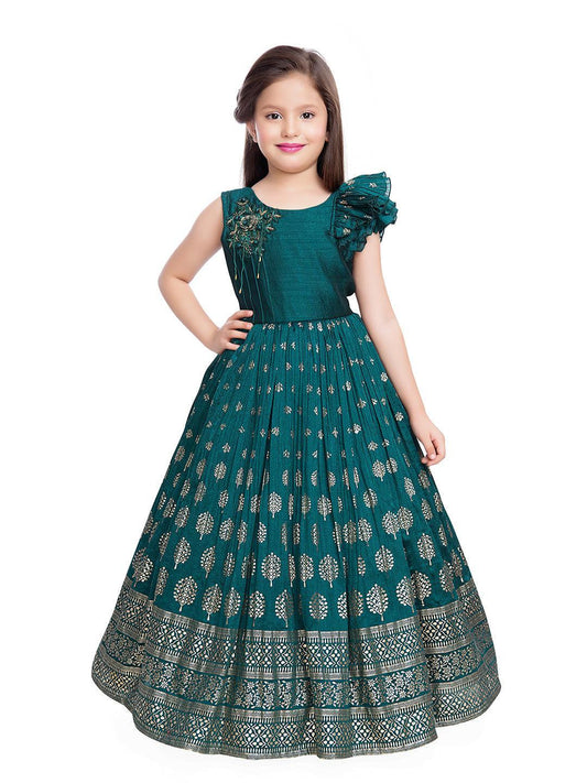 Rama Green Coloured Ethnic Motifs One Sided Sleeve Pattern Gown For Girls - Betty Ethnic India - Gown - Betty Girls Wear Online