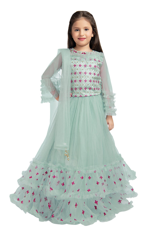 Blue & Pink Embroidered Ready to Wear Lehenga & Blouse With Dupatta for Girls - Betty Ethnic India - Saris & Lehengas - Betty Girls Wear Online