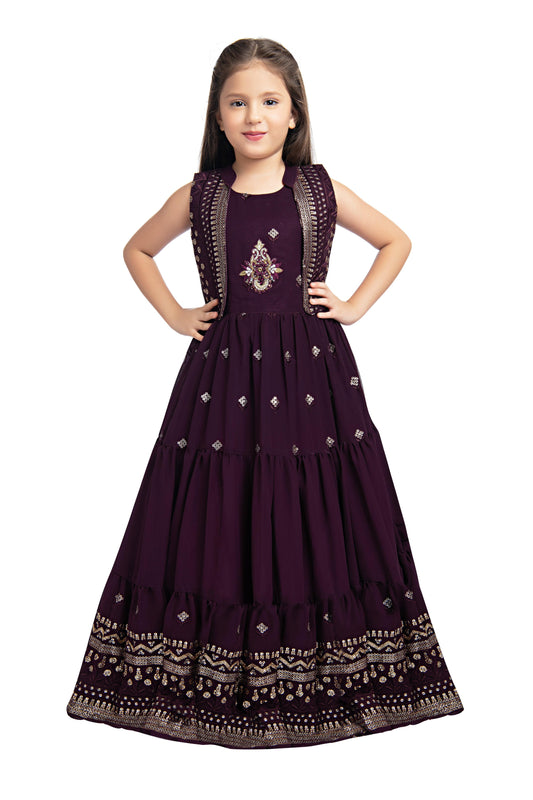 Wine Coloured Gown With Jacket Heavy Embroidery Fabric For Girls - Betty Ethnic India - Gown - Betty Girls Wear Online