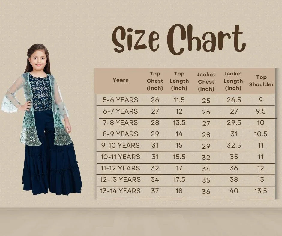 Peacock Blue Coloured Gharara / Sharara Set With Jacket For Girls - Betty Ethnic India - Gharara / Sharara Set - Betty Girls Wear Online