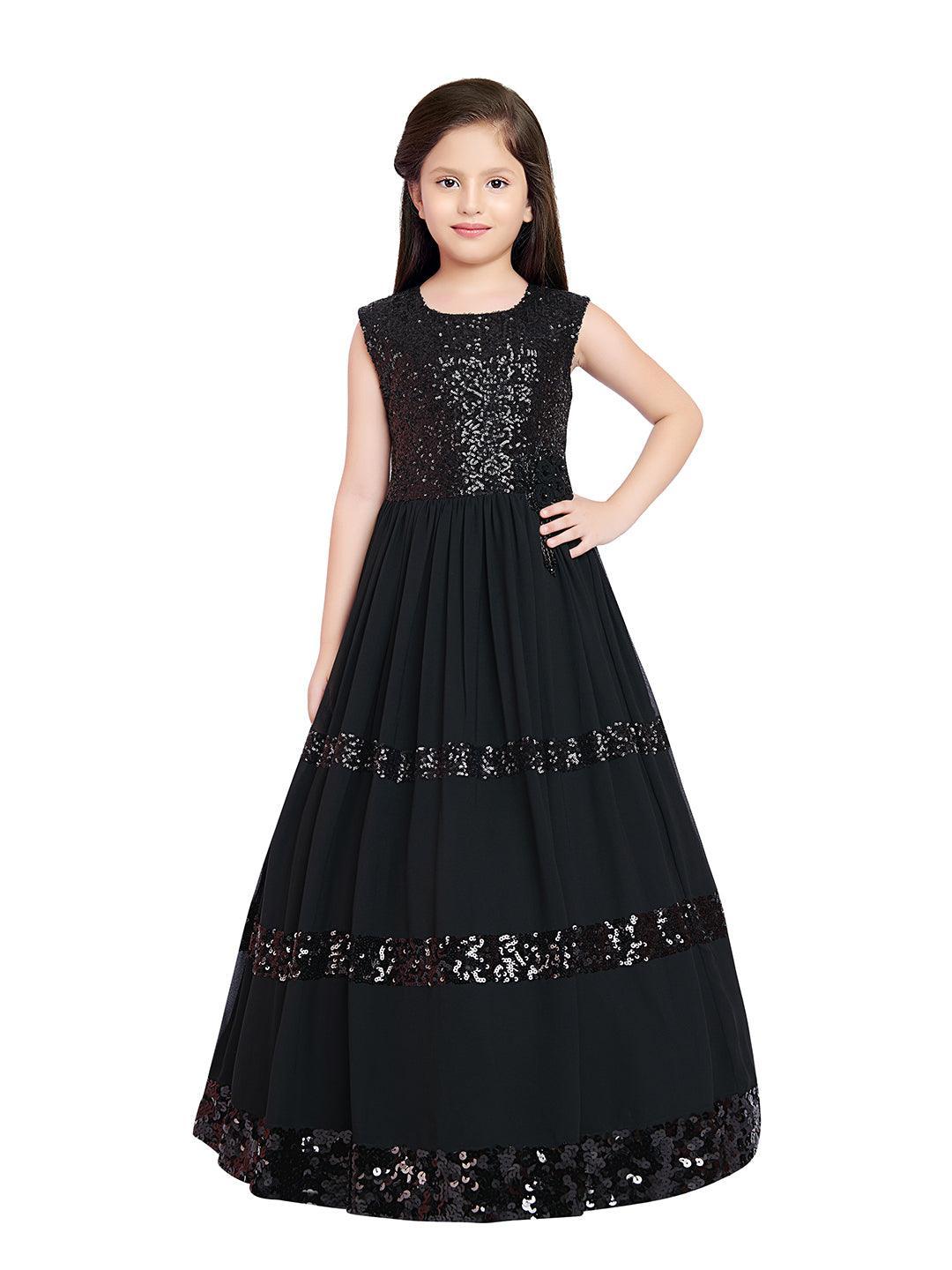 Black Coloured Sequined Georgette Gown For Girls - Betty Ethnic India - Gown - Betty Girls Wear Online