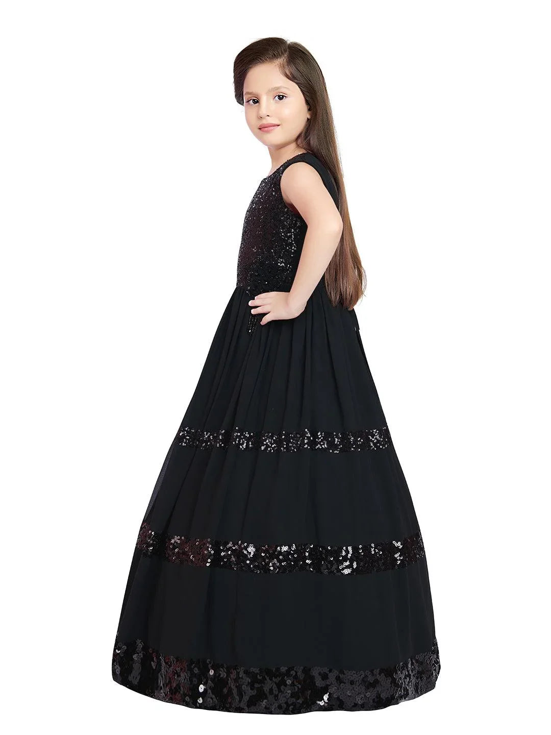 Black Coloured Sequined Georgette Gown For Girls - Betty Ethnic India - Gown - Betty Girls Wear Online