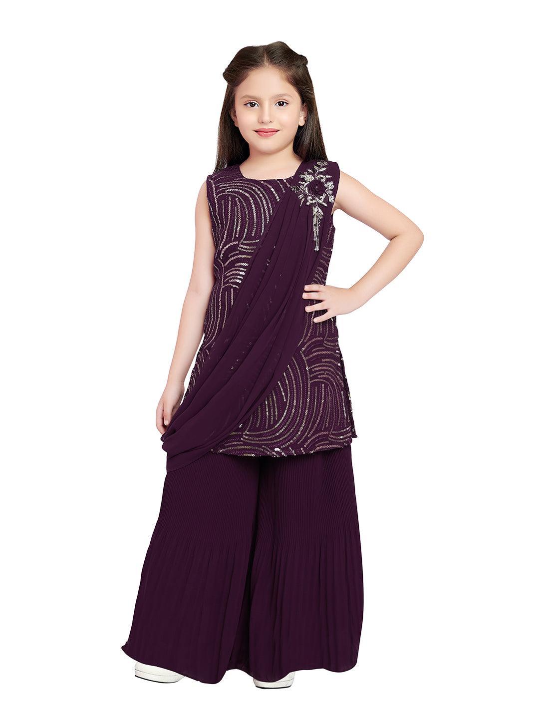 Wine Coloured Russian Palazzos Set For Girls - Betty Ethnic India - Gharara / Sharara Set - Betty Girls Wear Online