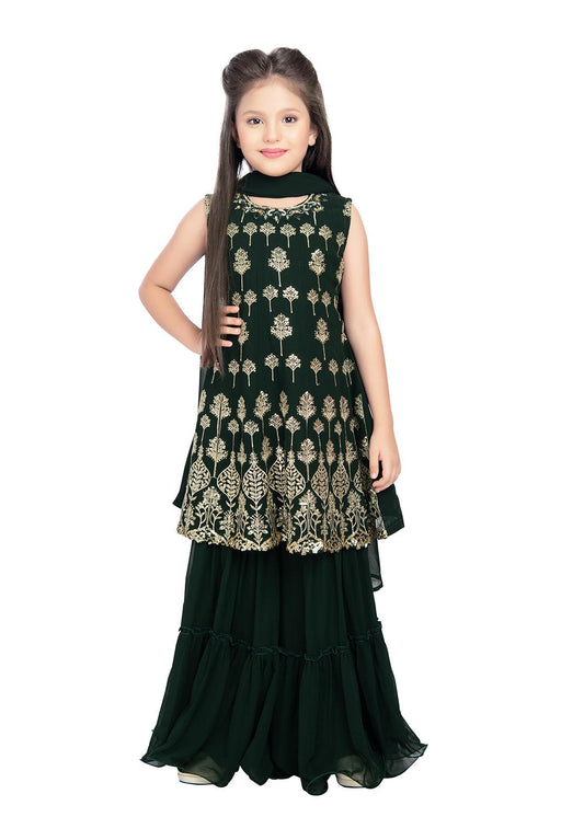 Bottle Green Coloured Ethnic Motifs Embroidered Thread Work Kurta with Sharara & With Dupatta Ready To Wear For Girls - Betty Ethnic India - Gharara / Sharara Set - Betty Girls Wear Online