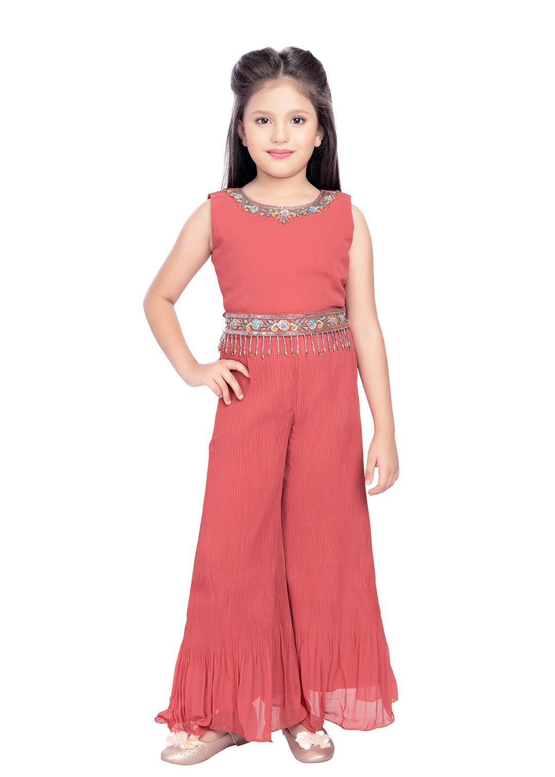 Peach Coloured Jacket Style Russian Palazzo Style Set For Girls With Separate Belt - Betty Ethnic India - Gharara / Sharara Set - Betty Girls Wear Online