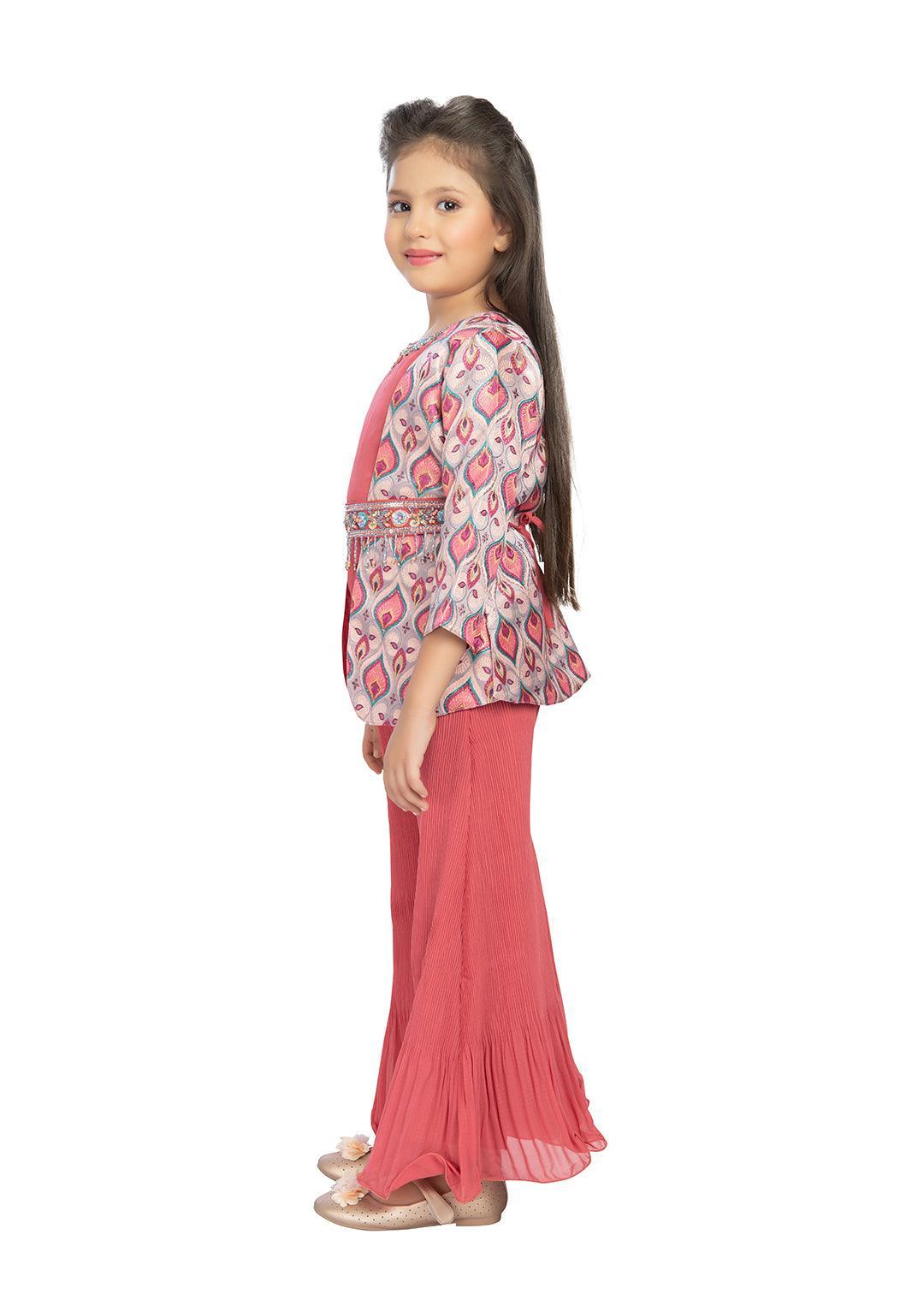 Peach Coloured Jacket Style Russian Palazzo Style Set For Girls With Separate Belt - Betty Ethnic India - Gharara / Sharara Set - Betty Girls Wear Online