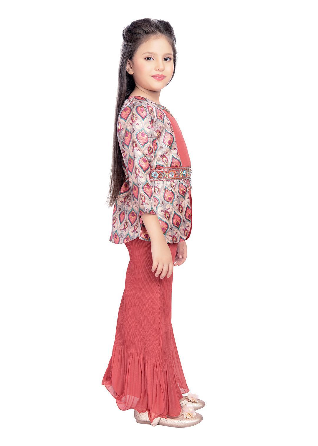 Peach Coloured Jacket Style Russian Palazzo Style Set For Girls With Separate Belt - Betty Ethnic India - Gharara / Sharara Set - Betty Girls Wear Online