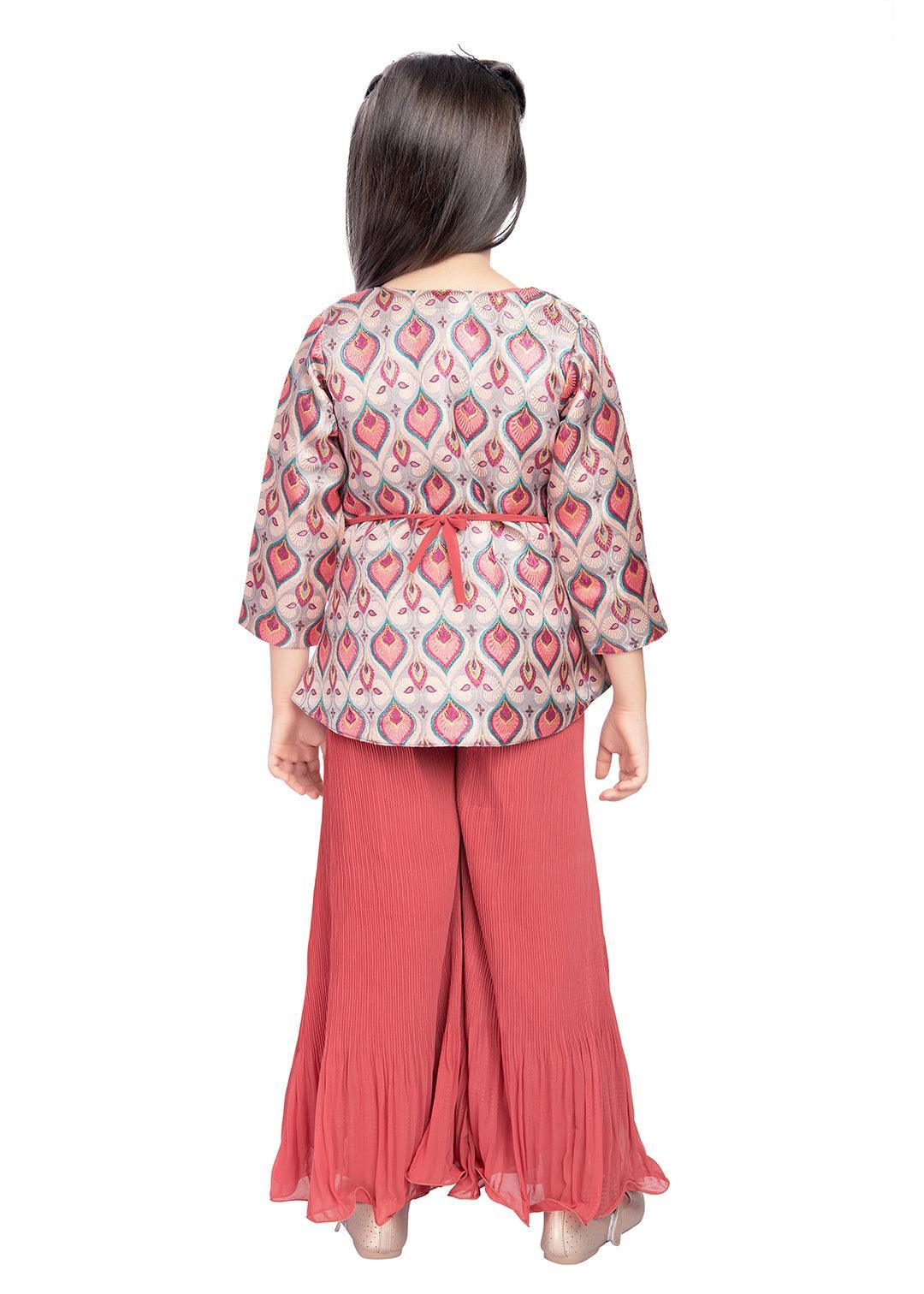 Peach Coloured Jacket Style Russian Palazzo Style Set For Girls With Separate Belt - Betty Ethnic India - Gharara / Sharara Set - Betty Girls Wear Online