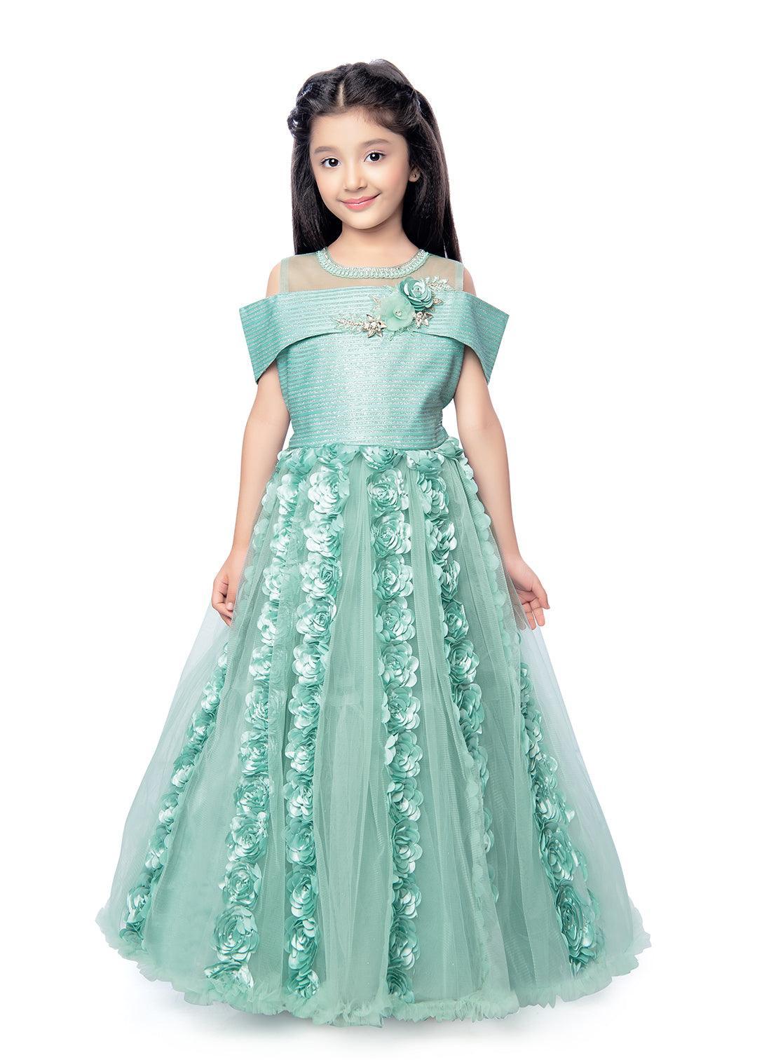 Sea Green Coloured Off Shoulder Self Design Maxi Dress Gown For Girls - Betty Ethnic India - Gown - Betty Girls Wear Online