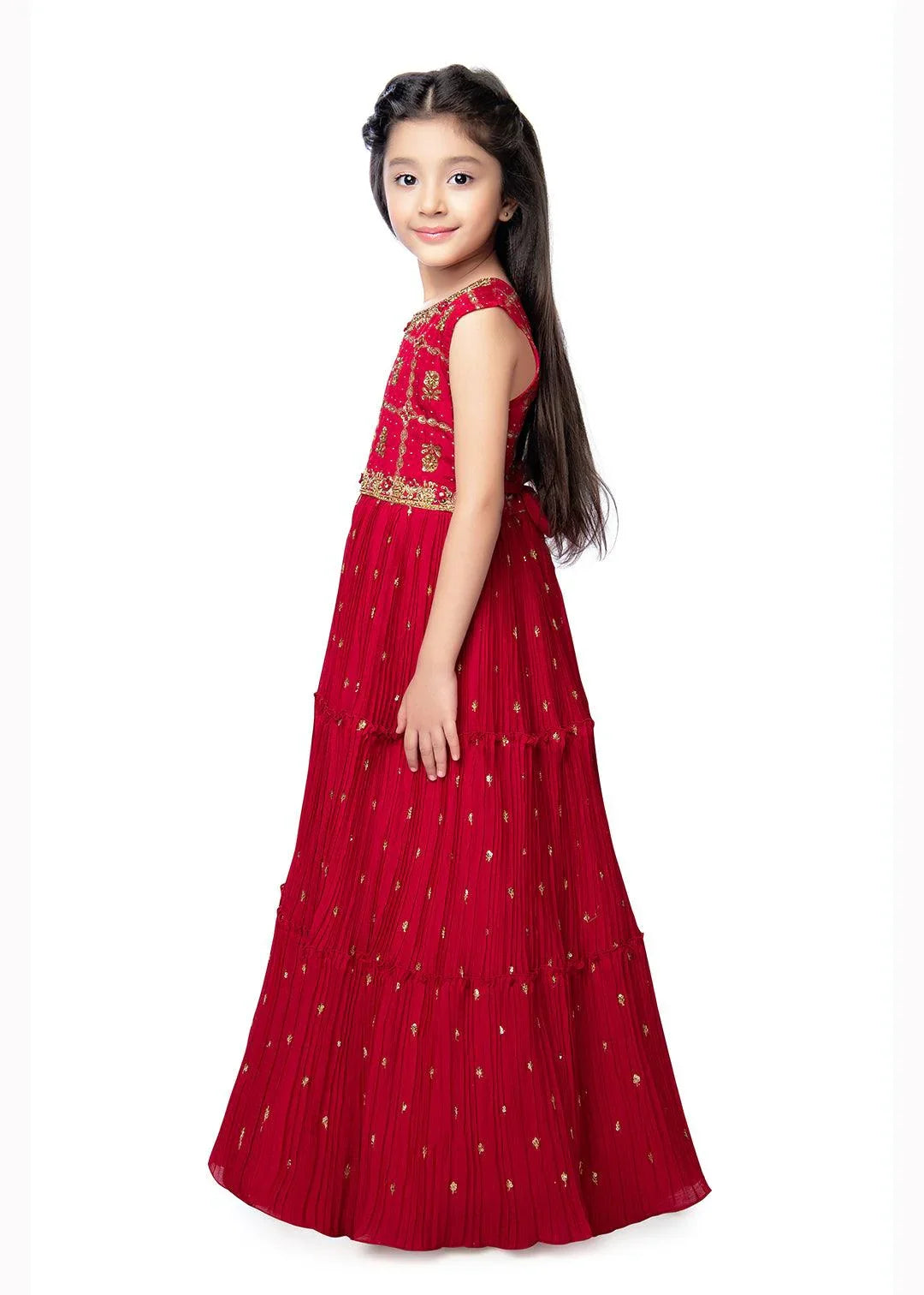 Rani Coloured Girls Floral Embroidered Tiered Fit & Flare Dress Maxi Gown - Betty Ethnic India - Gown - Betty Girls Wear Online