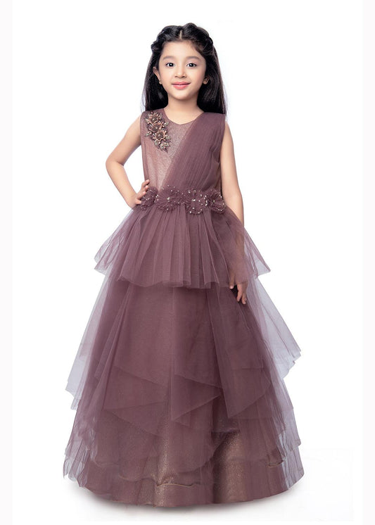 Wine Coloured Imported Net Stylist Maxi Dress Gown For Girls - Betty Ethnic India - Gown - Betty Girls Wear Online