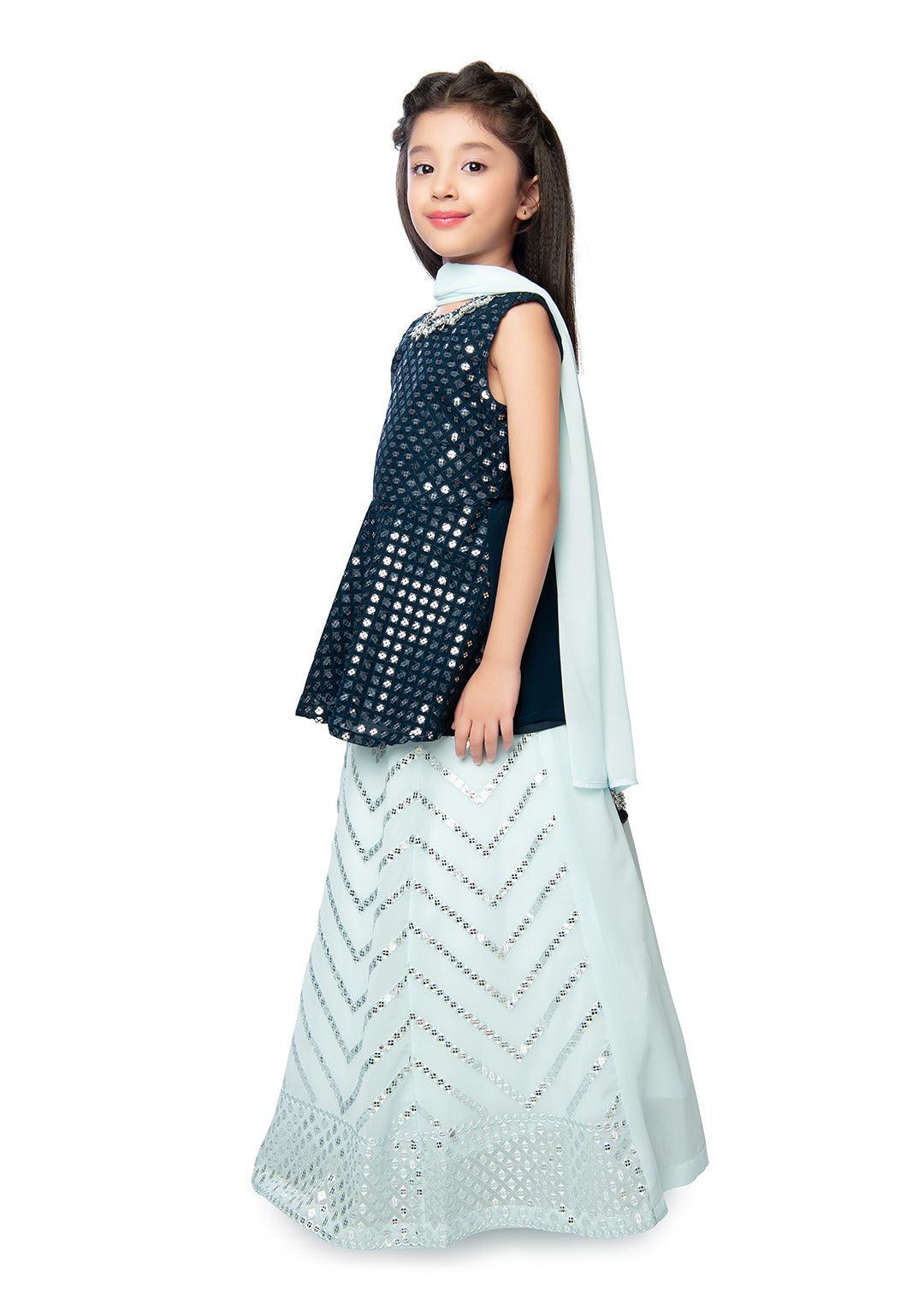 Blue Coloured Embellished Mirror Work Ready to Wear Lehenga & Peplum Blouse With Dupatta For Girls - Betty Ethnic India - Saree & Lehenga - Betty Girls Wear Online