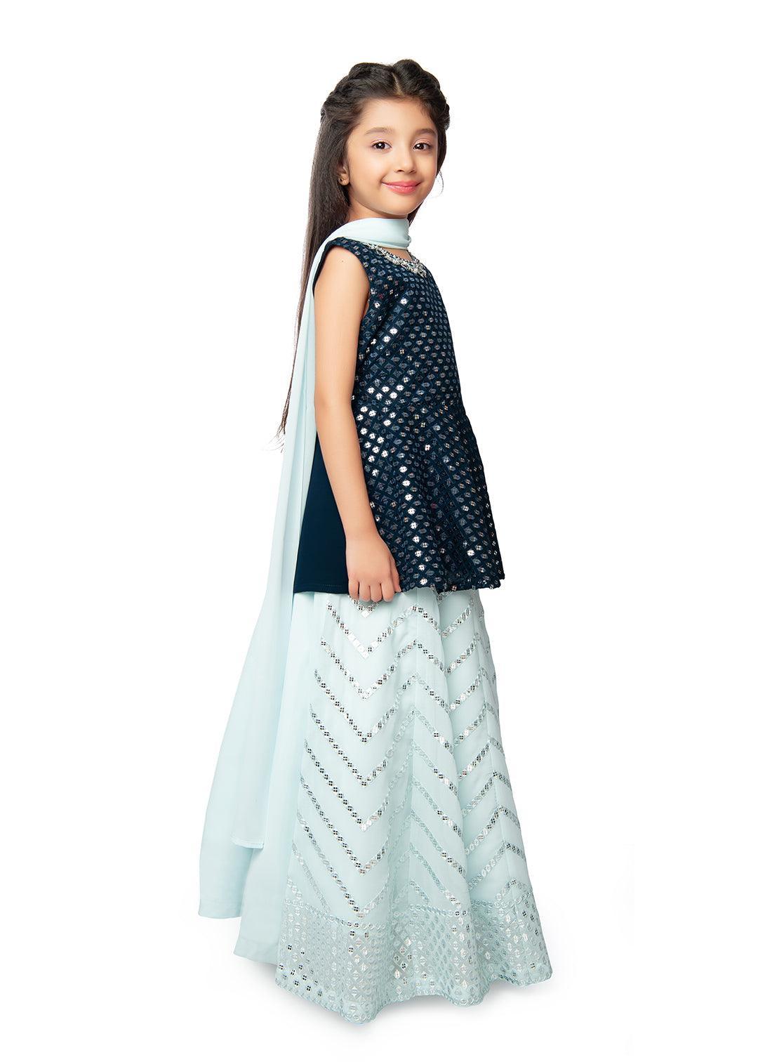 Blue Coloured Embellished Mirror Work Ready to Wear Lehenga & Peplum Blouse With Dupatta For Girls - Betty Ethnic India - Saree & Lehenga - Betty Girls Wear Online