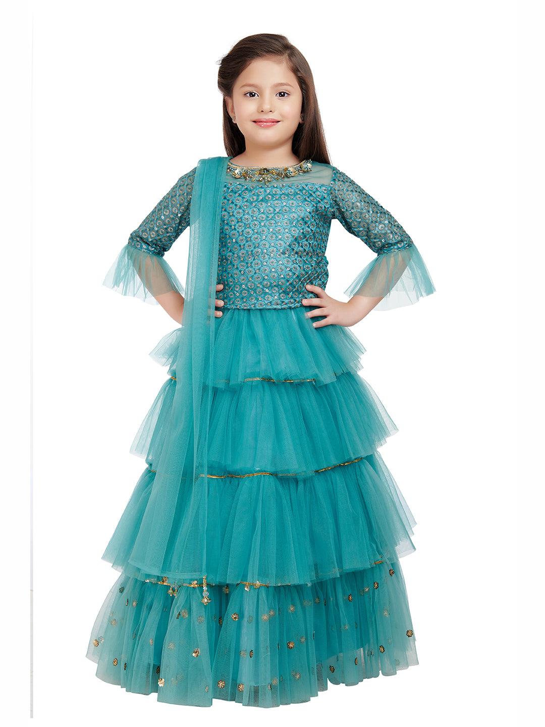 Bettle Coloured Embroidered Ready to Wear Lehenga Choli For Girls - Betty Ethnic India - Saris & Lehengas - Betty Girls Wear Online