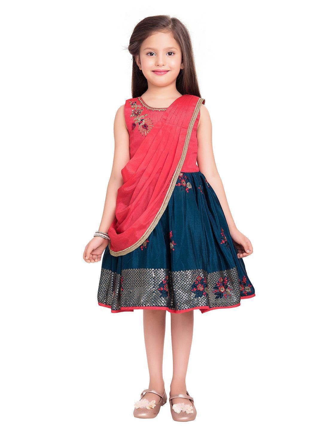 Tomato & Navy Blue Coloured Embroidered Chinon Frock With Dupatta For Girls - Betty Ethnic India - Frock - Betty Girls Wear Online