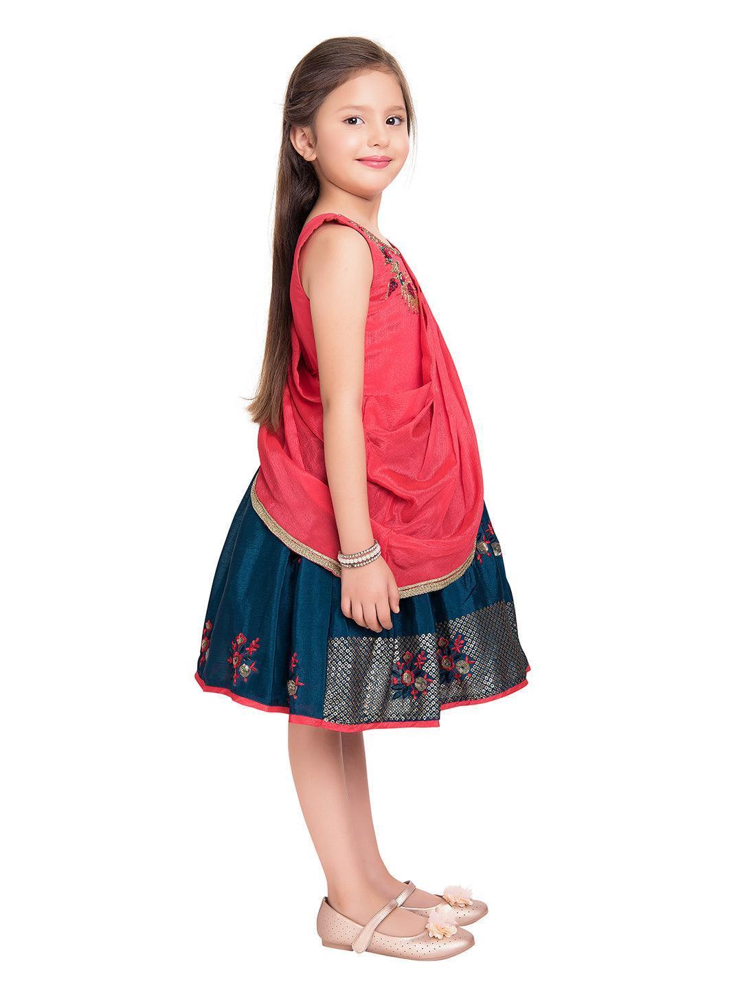Tomato & Navy Blue Coloured Embroidered Chinon Frock With Dupatta For Girls - Betty Ethnic India - Frock - Betty Girls Wear Online
