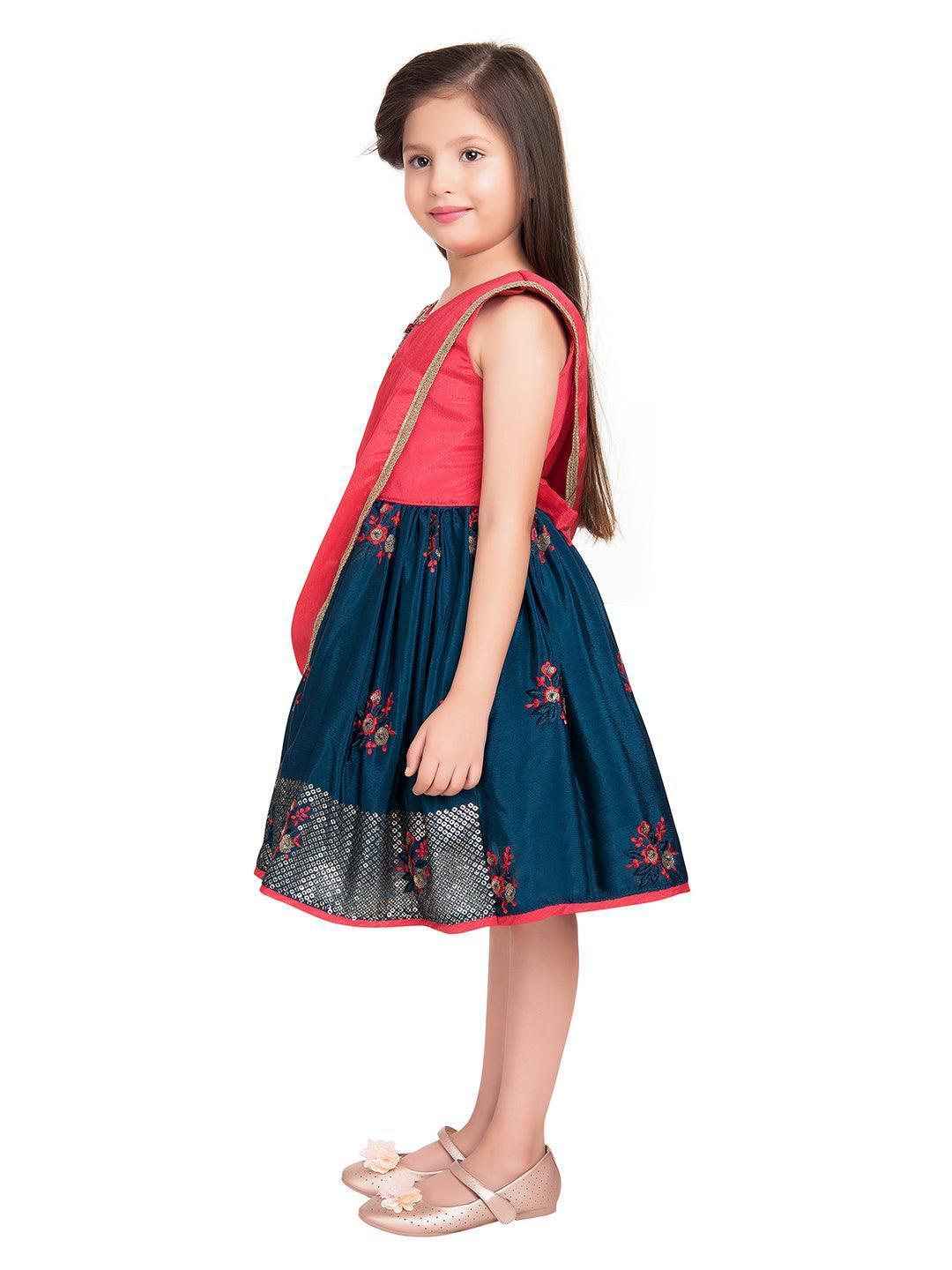 Tomato & Navy Blue Coloured Embroidered Chinon Frock With Dupatta For Girls - Betty Ethnic India - Frock - Betty Girls Wear Online
