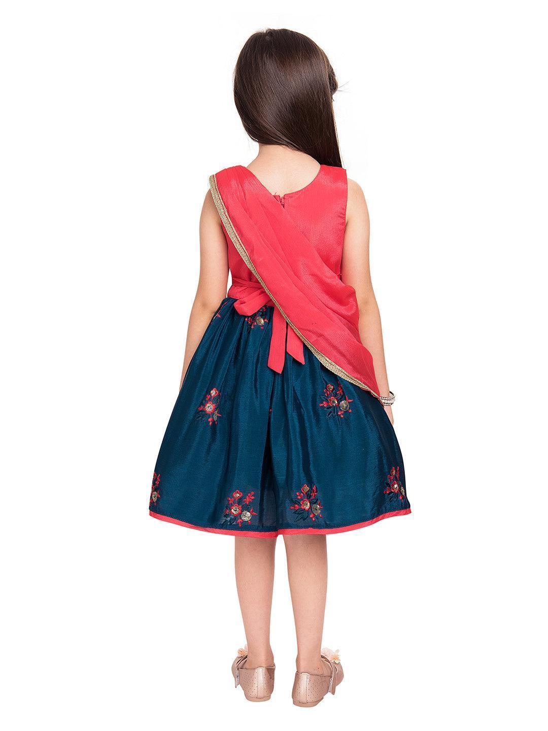 Tomato & Navy Blue Coloured Embroidered Chinon Frock With Dupatta For Girls - Betty Ethnic India - Frock - Betty Girls Wear Online