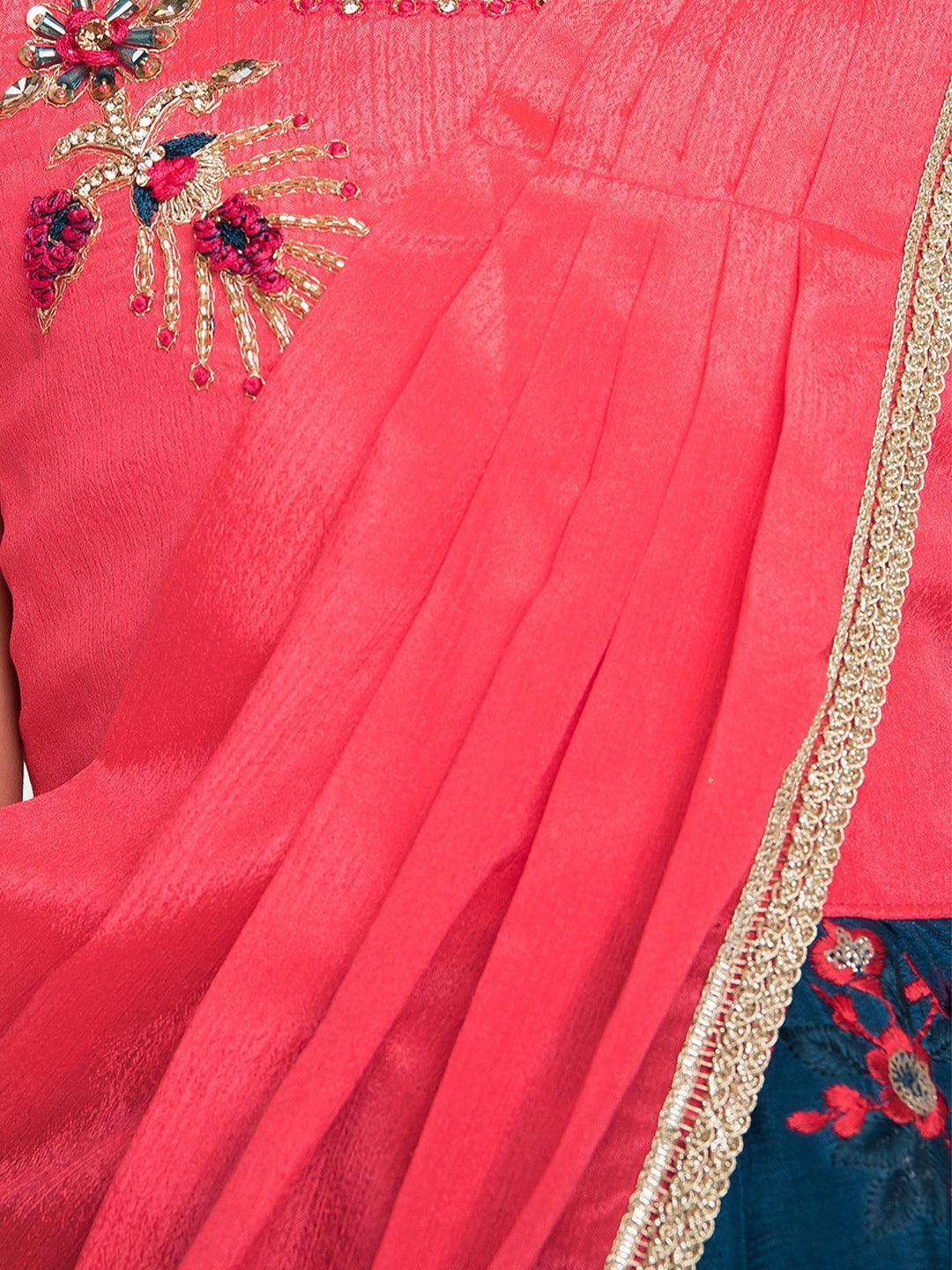 Tomato & Navy Blue Coloured Embroidered Chinon Frock With Dupatta For Girls - Betty Ethnic India - Frock - Betty Girls Wear Online