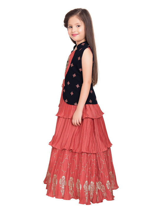 Tomato Gown And Navy Blue Coloured Jacket Floral Chinon Fit & Flare Gown For Girls - Betty Ethnic India - Gown - Betty Girls Wear Online