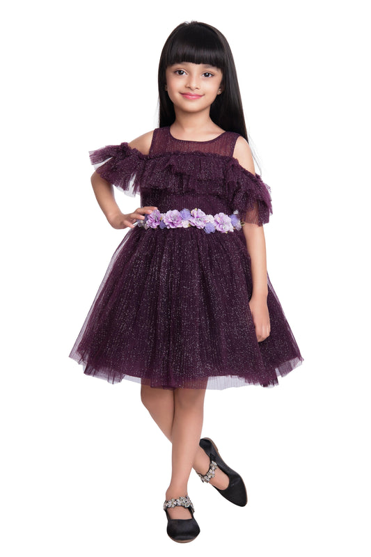 Wine Coloured Imported Net Simple Off Shoulder Design Party Wear Frock For Girls - Betty Ethnic India - Frock - Betty Girls Wear Online