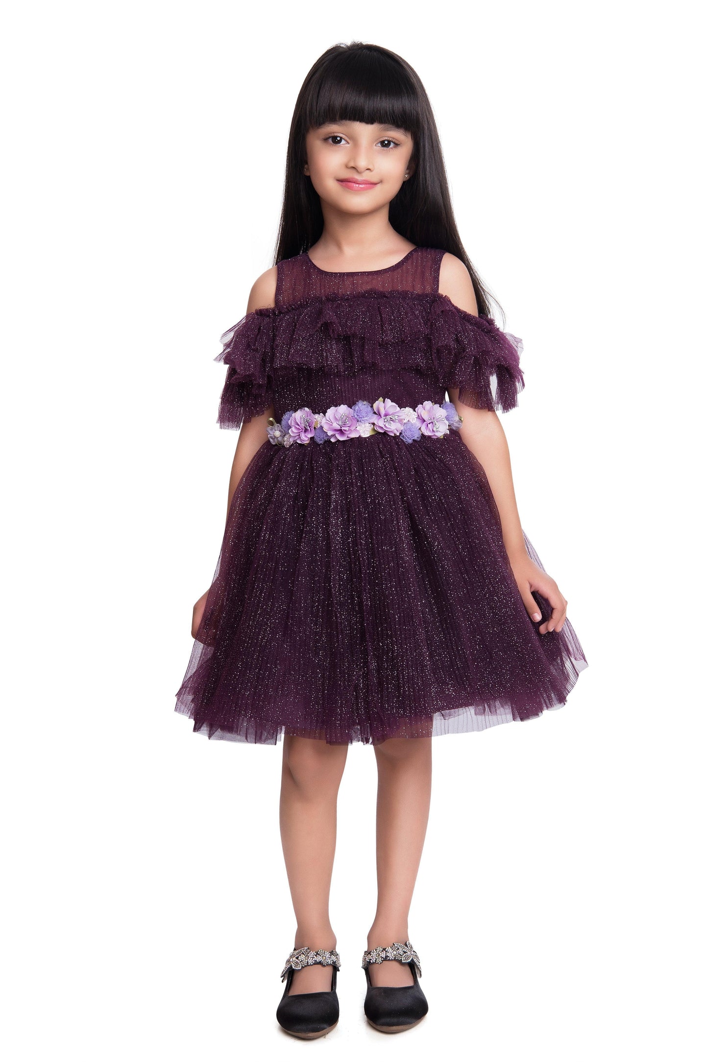 Wine Coloured Imported Net Simple Off Shoulder Design Party Wear Frock For Girls - Betty Ethnic India - Frock - Betty Girls Wear Online