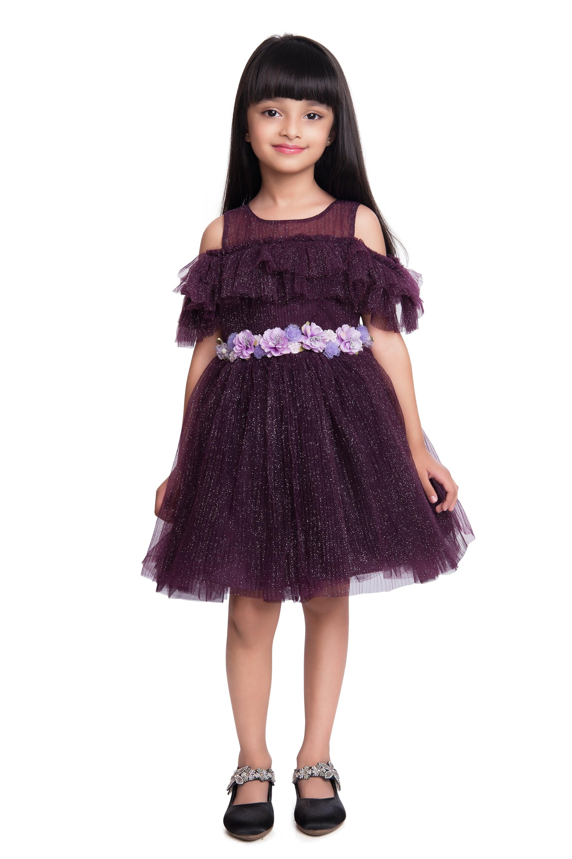 Wine Coloured Imported Net Simple Off Shoulder Design Party Wear Frock For Girls - Betty Ethnic India - Frock - Betty Girls Wear Online