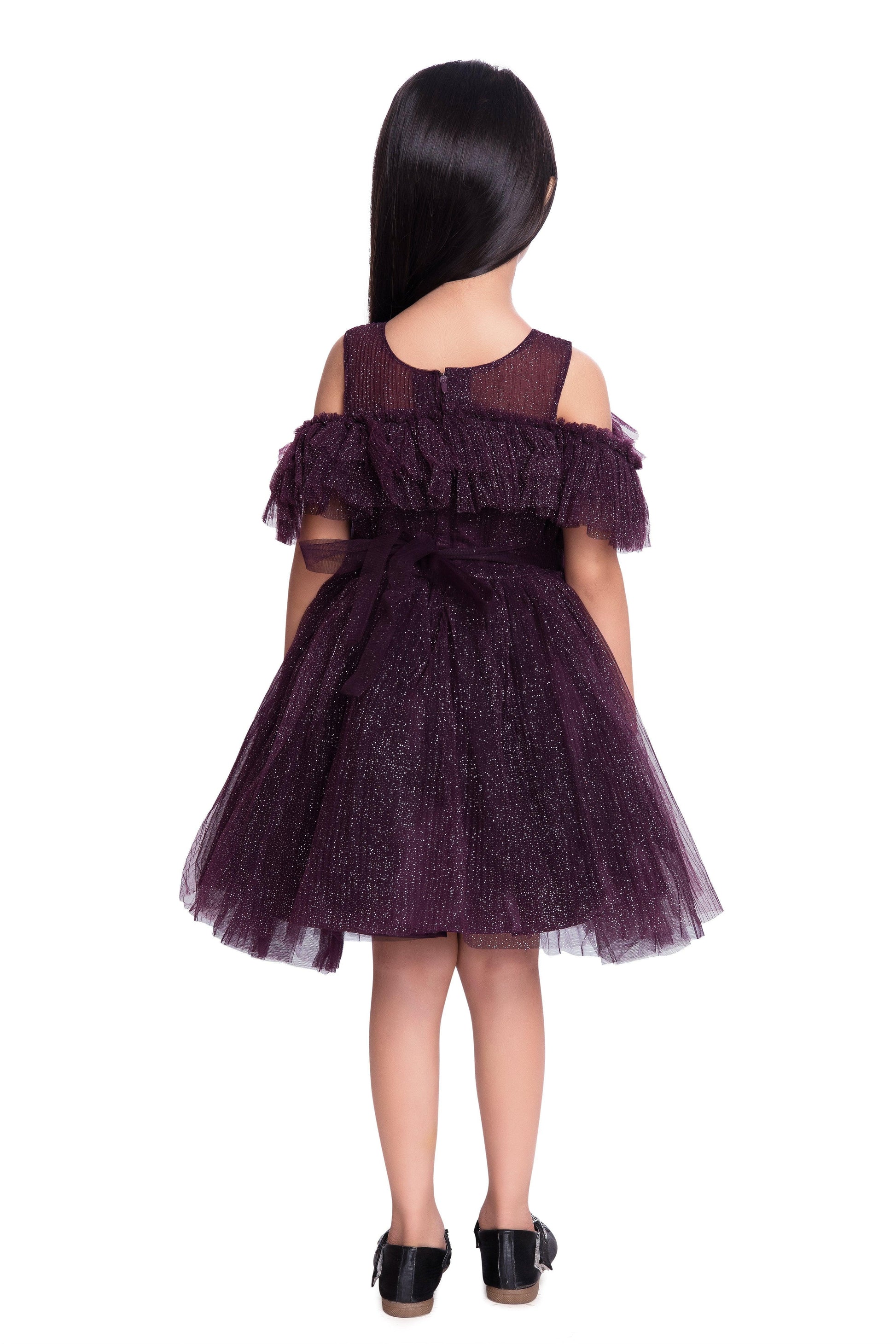 Wine Coloured Imported Net Simple Off Shoulder Design Party Wear Frock For Girls - Betty Ethnic India - Frock - Betty Girls Wear Online