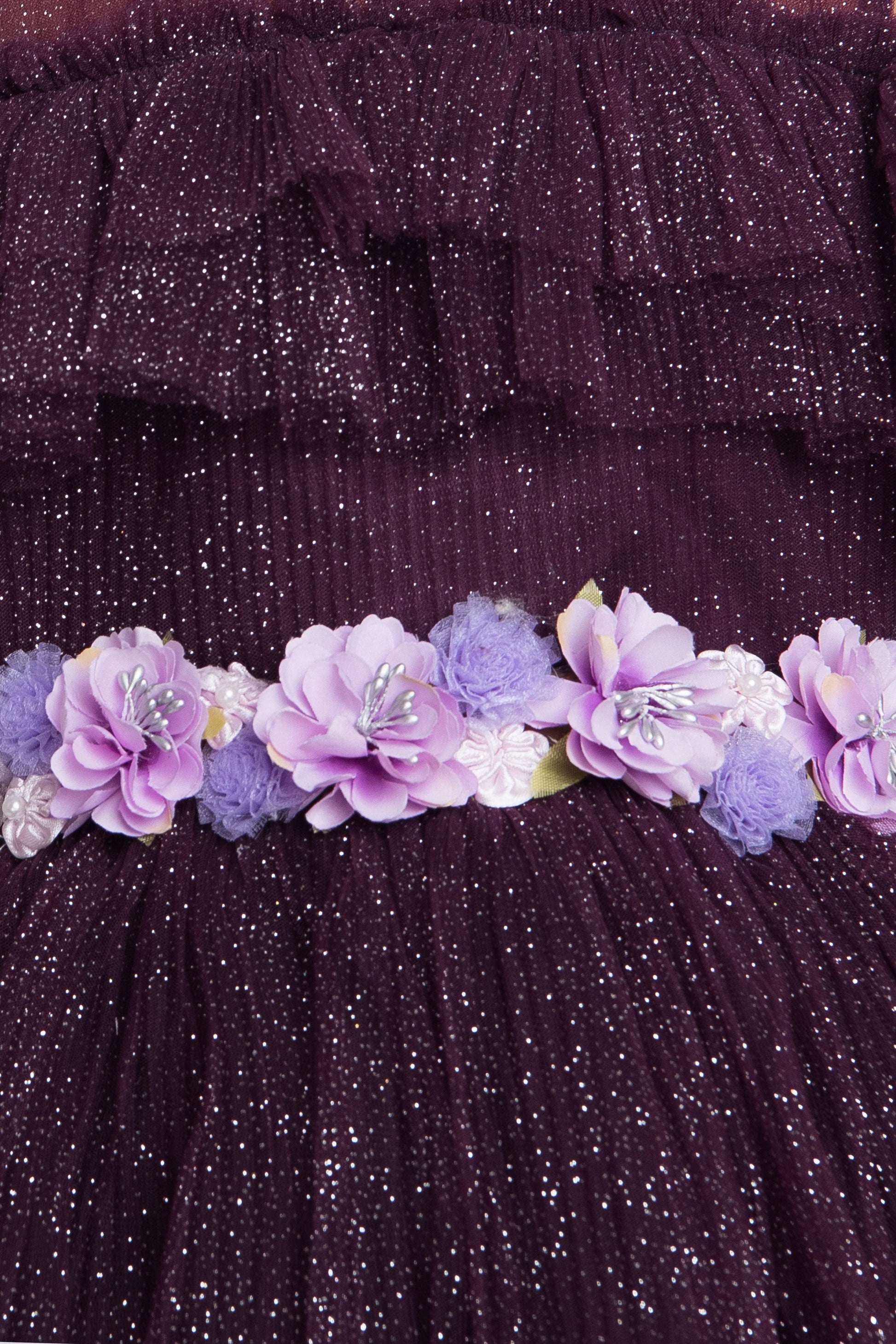 Wine Coloured Imported Net Simple Off Shoulder Design Party Wear Frock For Girls - Betty Ethnic India - Frock - Betty Girls Wear Online