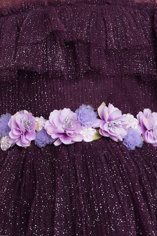 Wine Coloured Imported Net Simple Off Shoulder Design Party Wear Frock For Girls - Betty Ethnic India - Frock - Betty Girls Wear Online