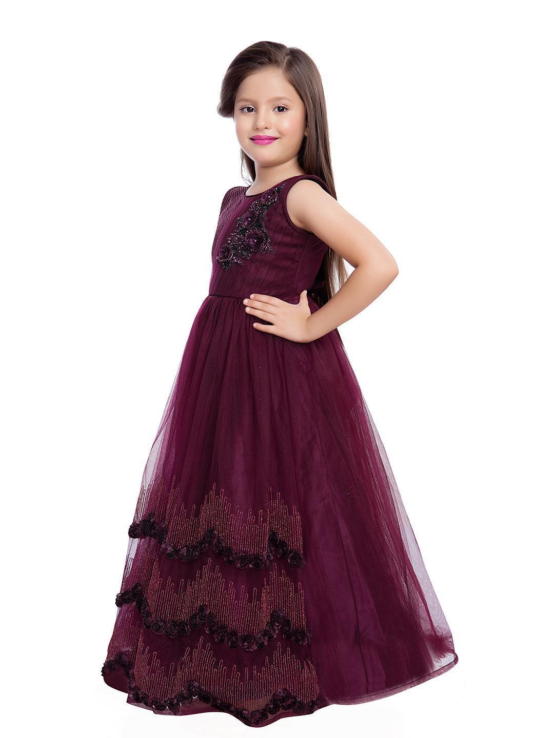 Wine Coloured Net Gown For Girls - Betty Ethnic India - Gown - Betty Girls Wear Online