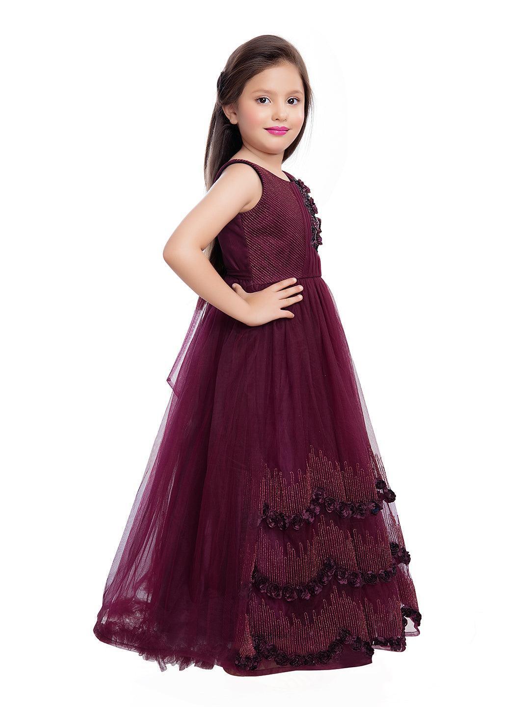 Wine Coloured Net Gown For Girls - Betty Ethnic India - Gown - Betty Girls Wear Online