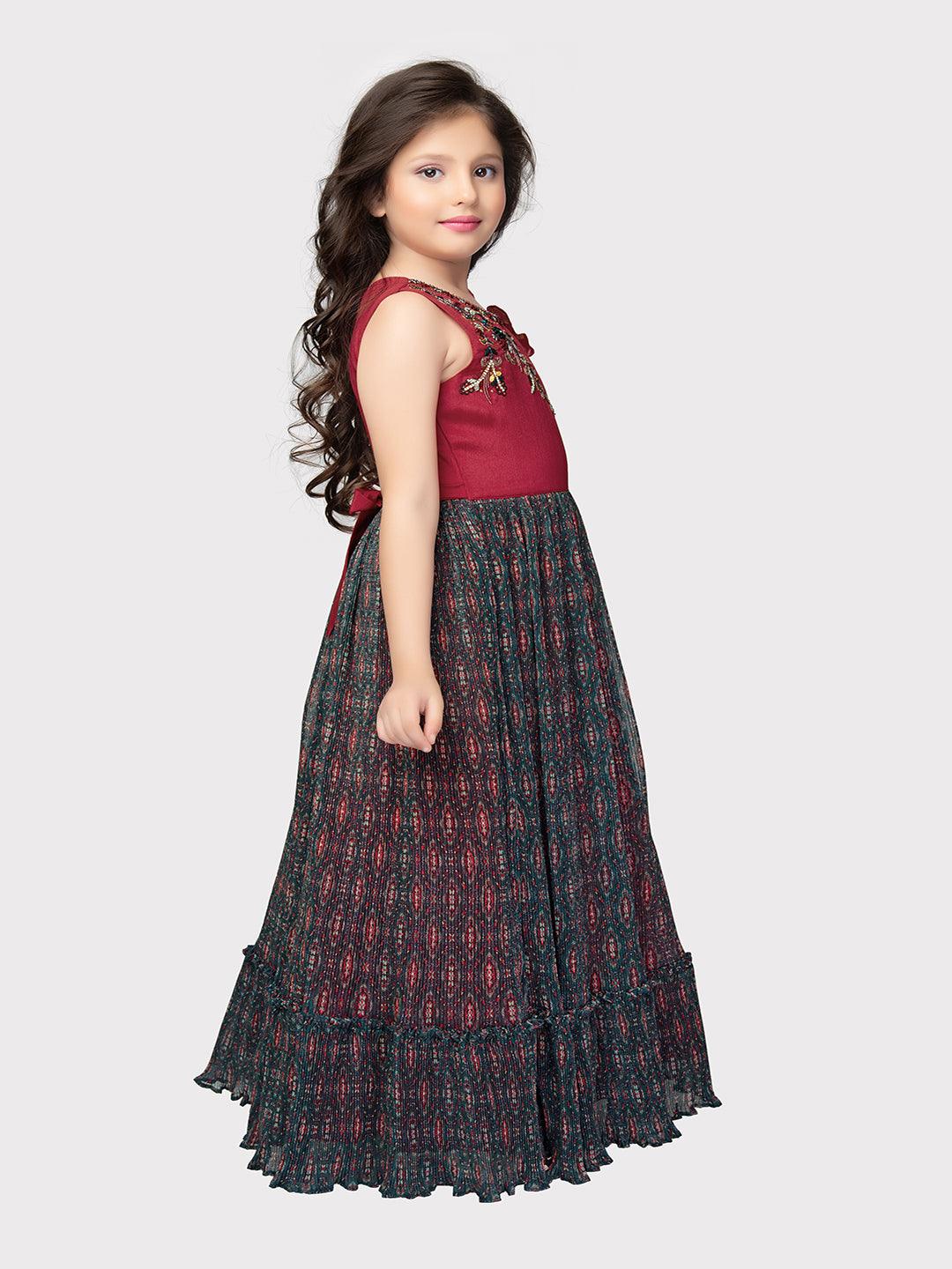 Red Coloured Unique One Side Sleeves Style Ethnic Gown For Girls - Betty Ethnic India - Gown - Betty Girls Wear Online