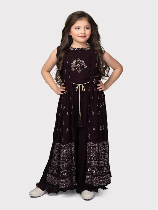 Wine Coloured Embellished Round Neck Top, Chic Solid Palazzo with Easy Slip-On Closure, Complete with a Stunning Long Jacket For Girls - Betty Ethnic India - Gharara / Sharara Set - Betty Girls Wear Online