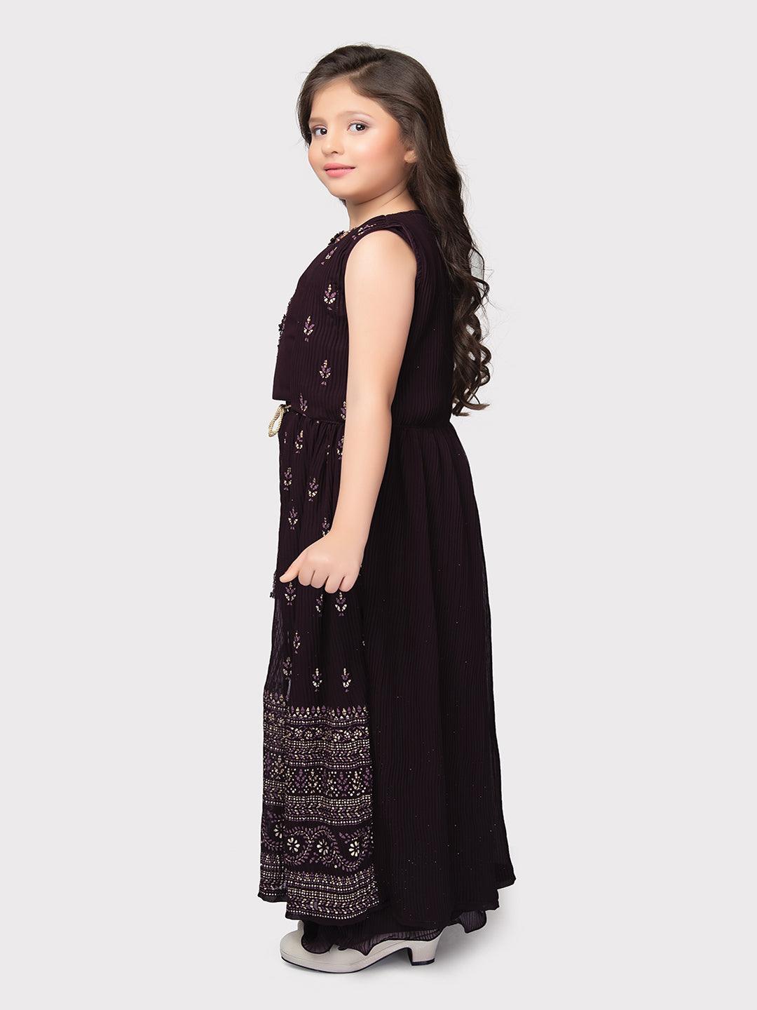 Wine Coloured Embellished Round Neck Top, Chic Solid Palazzo with Easy Slip-On Closure, Complete with a Stunning Long Jacket For Girls - Betty Ethnic India - Gharara / Sharara Set - Betty Girls Wear Online