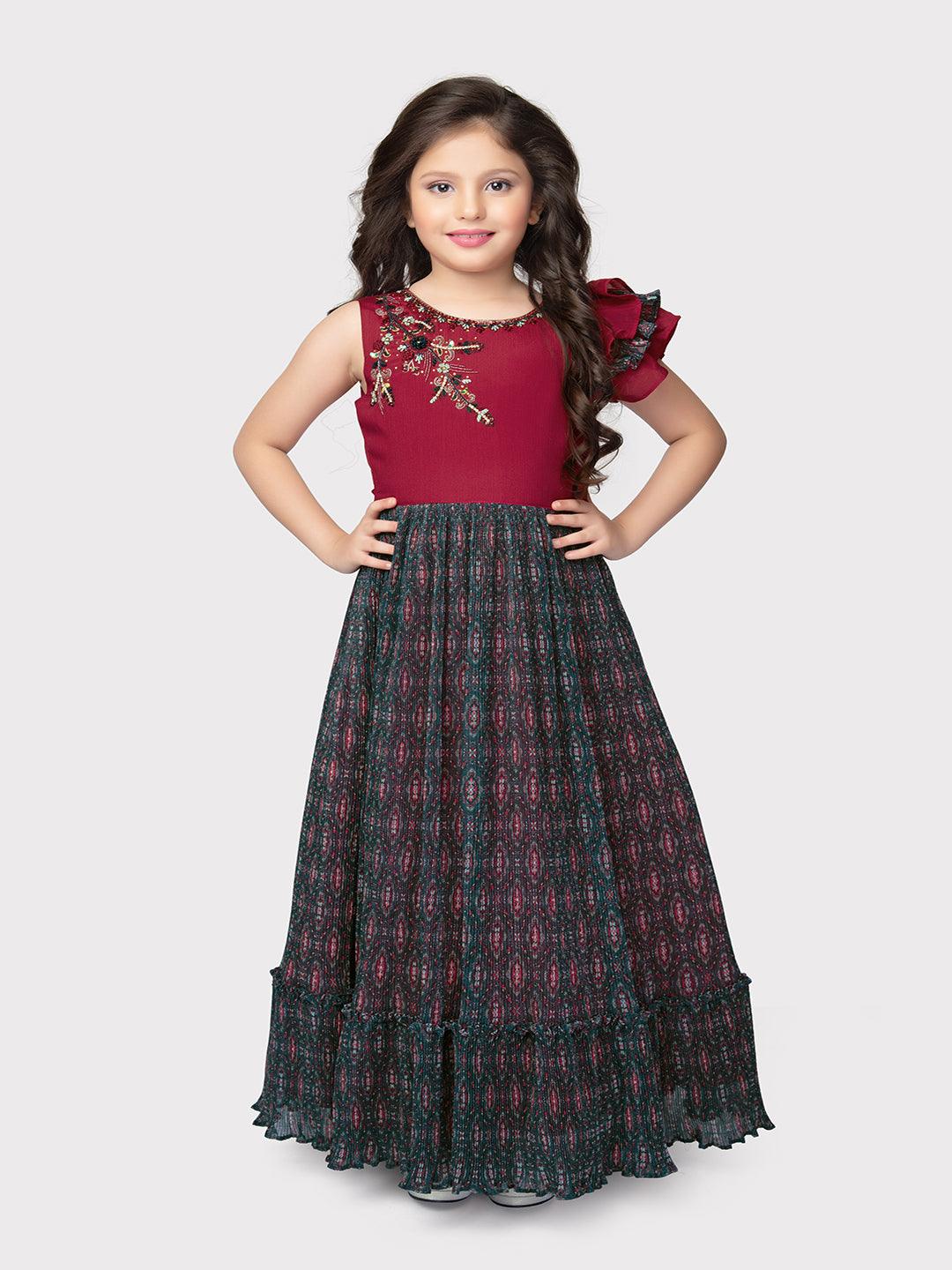 Red Coloured Unique One Side Sleeves Style Ethnic Gown For Girls - Betty Ethnic India - Gown - Betty Girls Wear Online