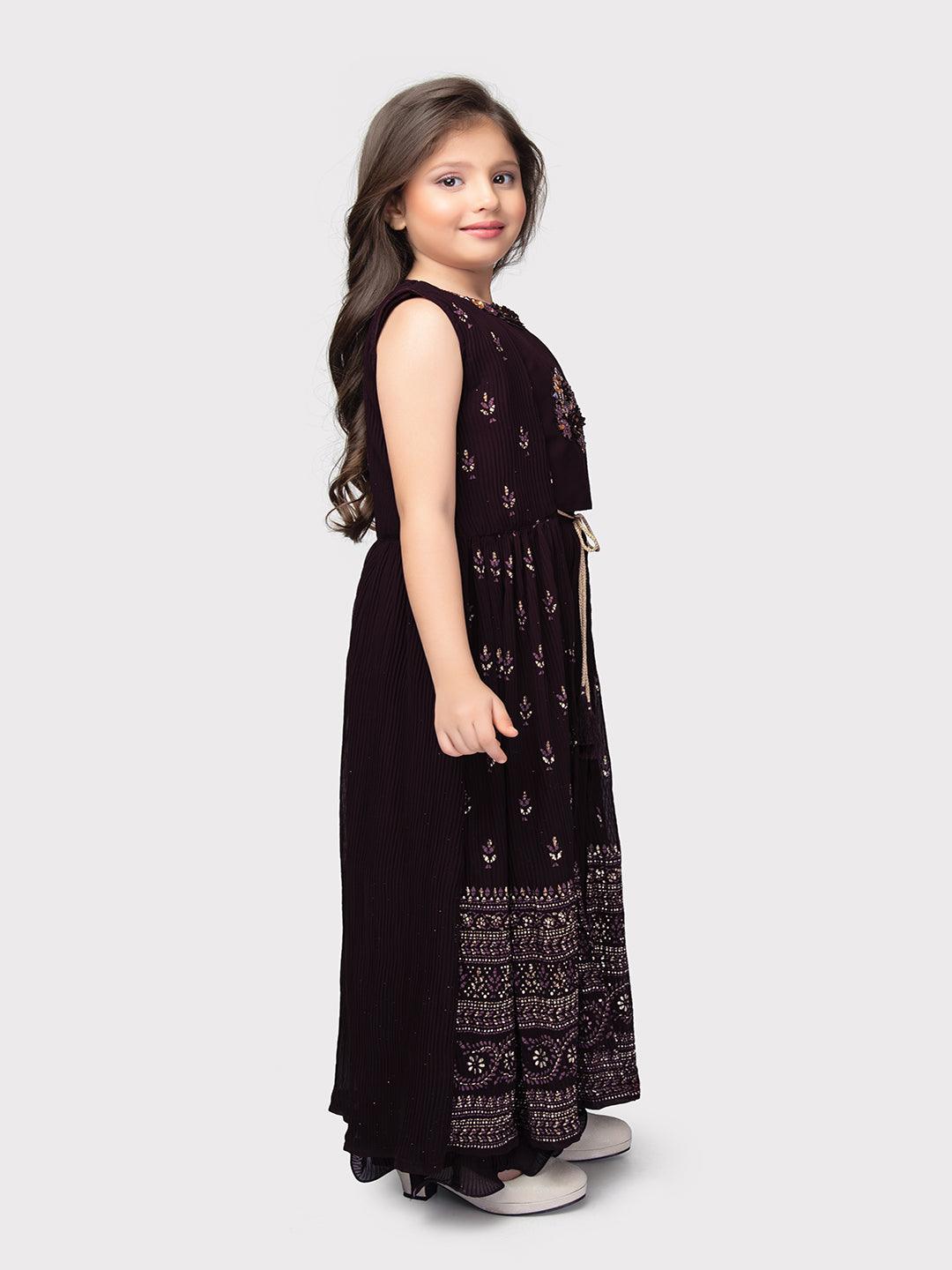 Wine Coloured Embellished Round Neck Top, Chic Solid Palazzo with Easy Slip-On Closure, Complete with a Stunning Long Jacket For Girls - Betty Ethnic India - Gharara / Sharara Set - Betty Girls Wear Online