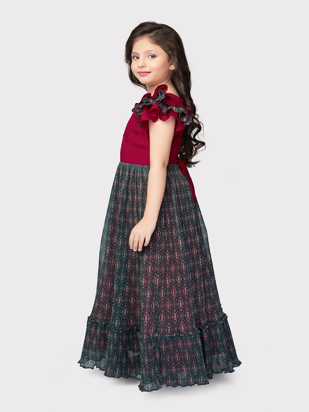 Red Coloured Unique One Side Sleeves Style Ethnic Gown For Girls - Betty Ethnic India - Gown - Betty Girls Wear Online