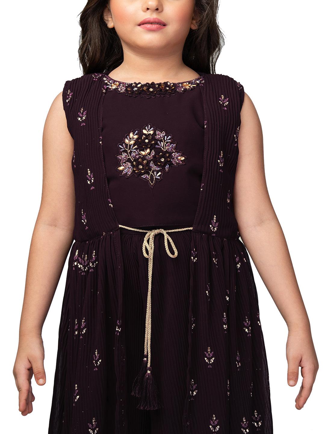 Wine Coloured Embellished Round Neck Top, Chic Solid Palazzo with Easy Slip-On Closure, Complete with a Stunning Long Jacket For Girls - Betty Ethnic India - Gharara / Sharara Set - Betty Girls Wear Online