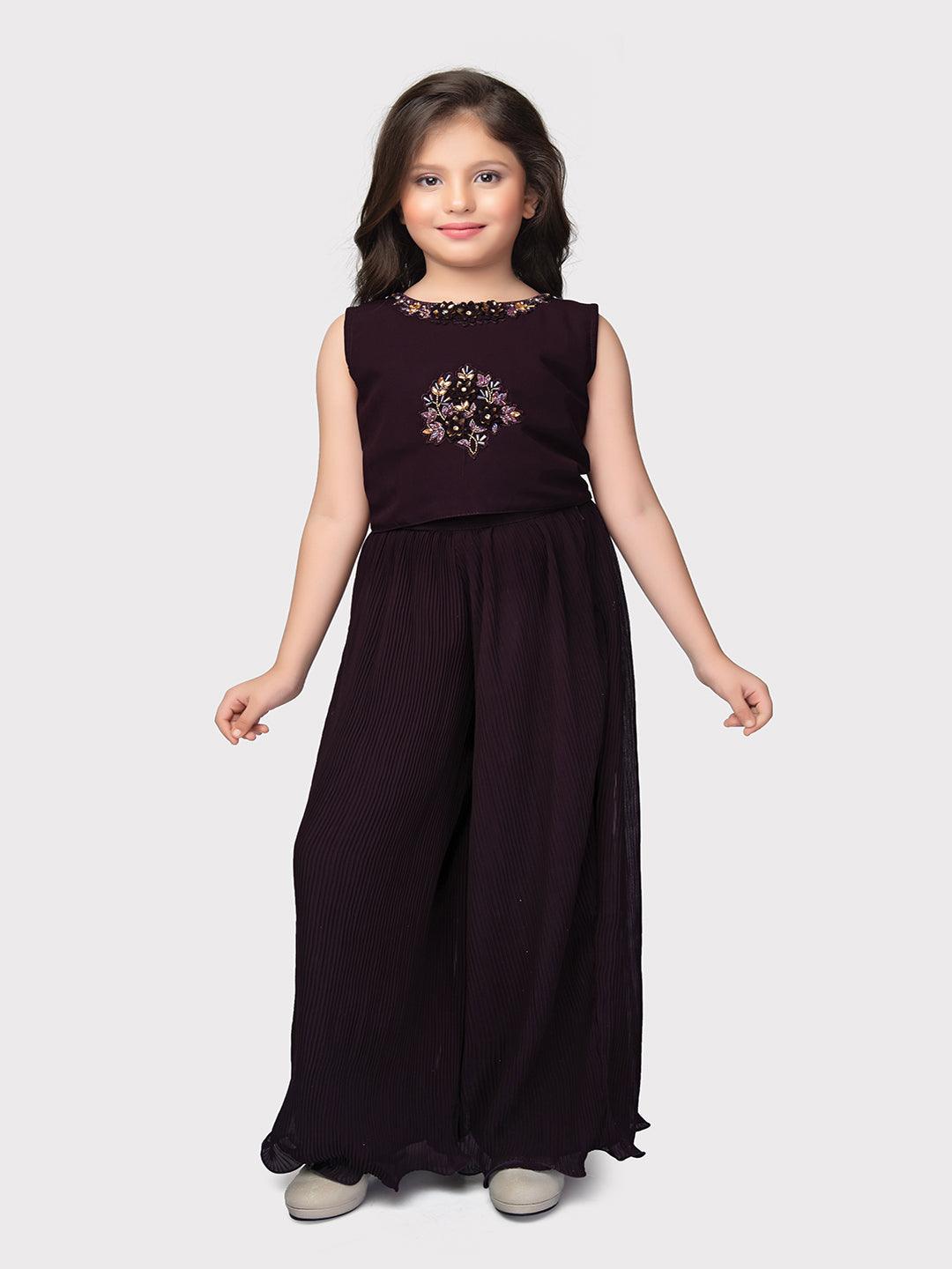 Wine Coloured Embellished Round Neck Top, Chic Solid Palazzo with Easy Slip-On Closure, Complete with a Stunning Long Jacket For Girls - Betty Ethnic India - Gharara / Sharara Set - Betty Girls Wear Online